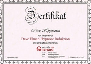 Dave Elman Hypnose Zertifikat unterschrieben von Alexander Seel